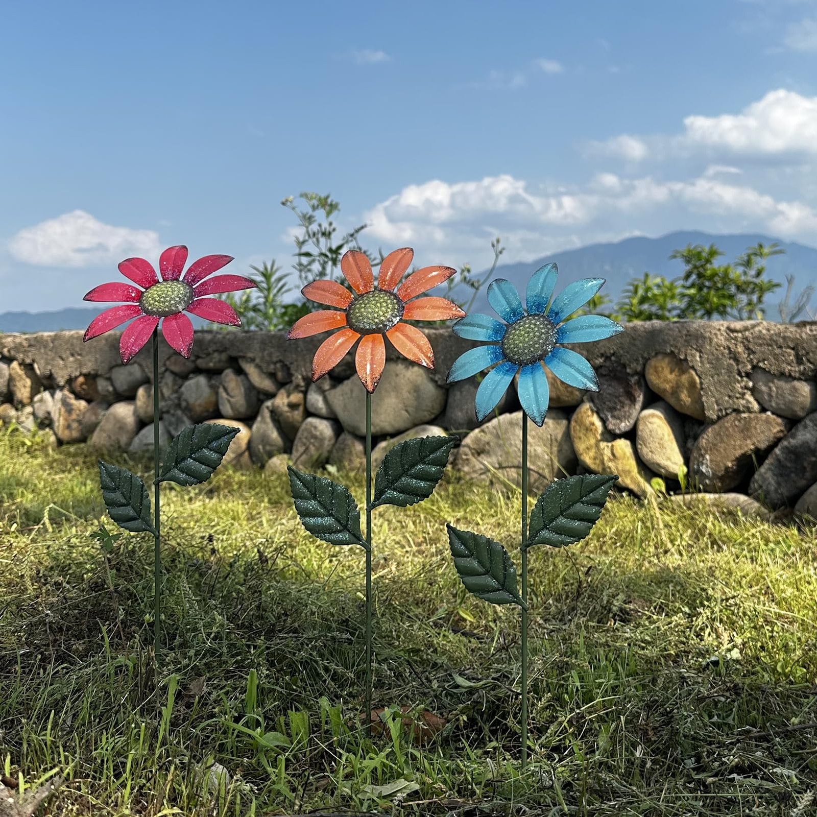 Metal Flowers for Outside,5 Pack 16.15″ Decorative Garden Stakes with Swaying…