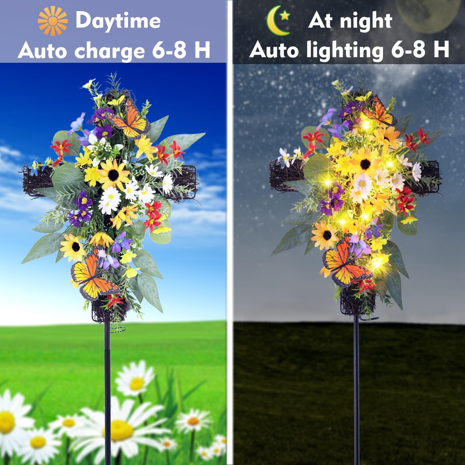 Solar Cross Stake Outdoor, Solar Powered Decorative Cross Garden Stake with W…