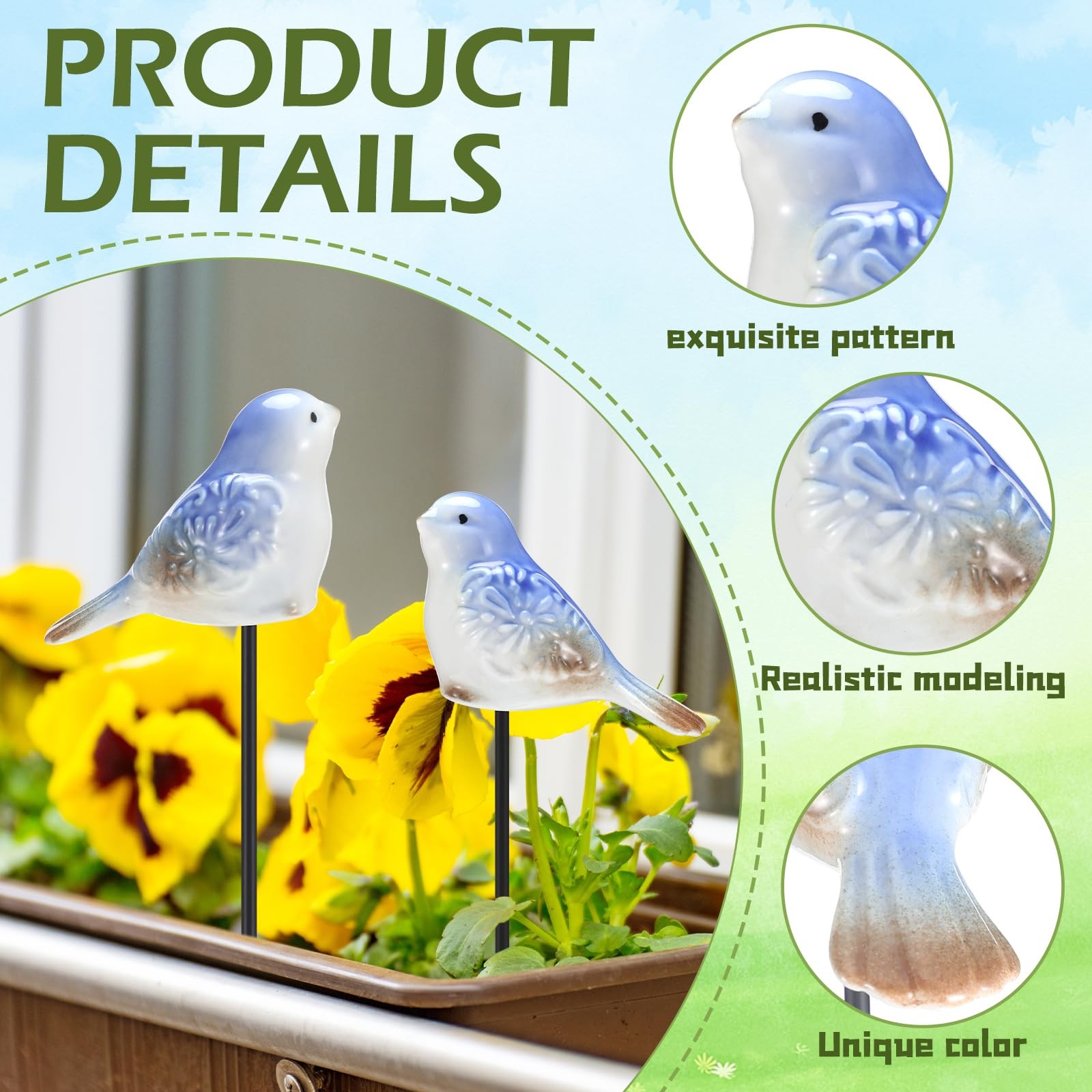 2 Pcs Miniature Bird Decorative Stakes Ceramic Bird Figurines Cute Decorative…