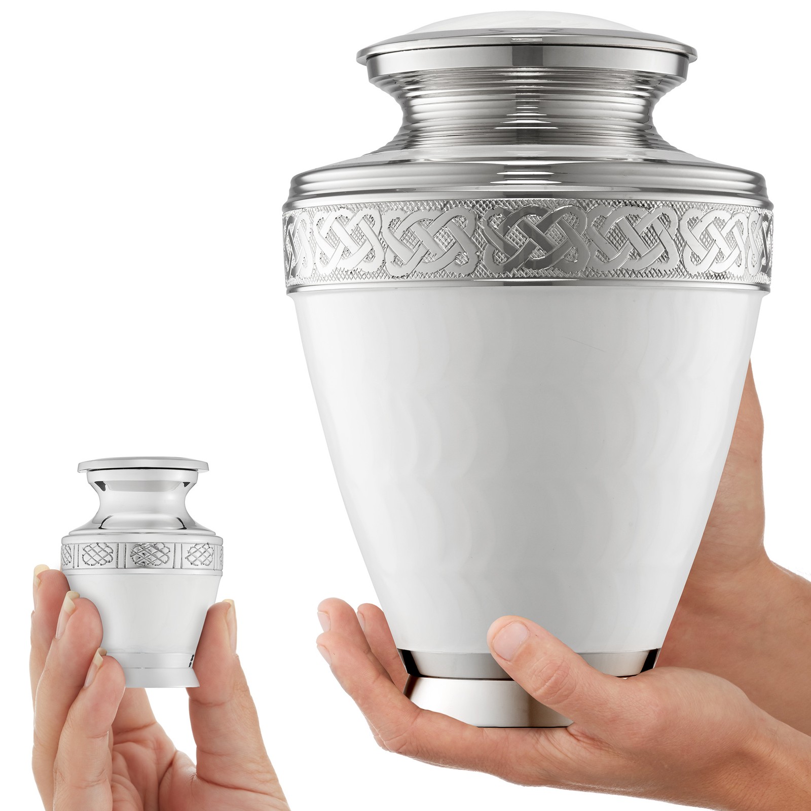 Set of 5 White Celtic Cremation Urns for Human Ashes – 1 Adult + 4 Keepsake Mini