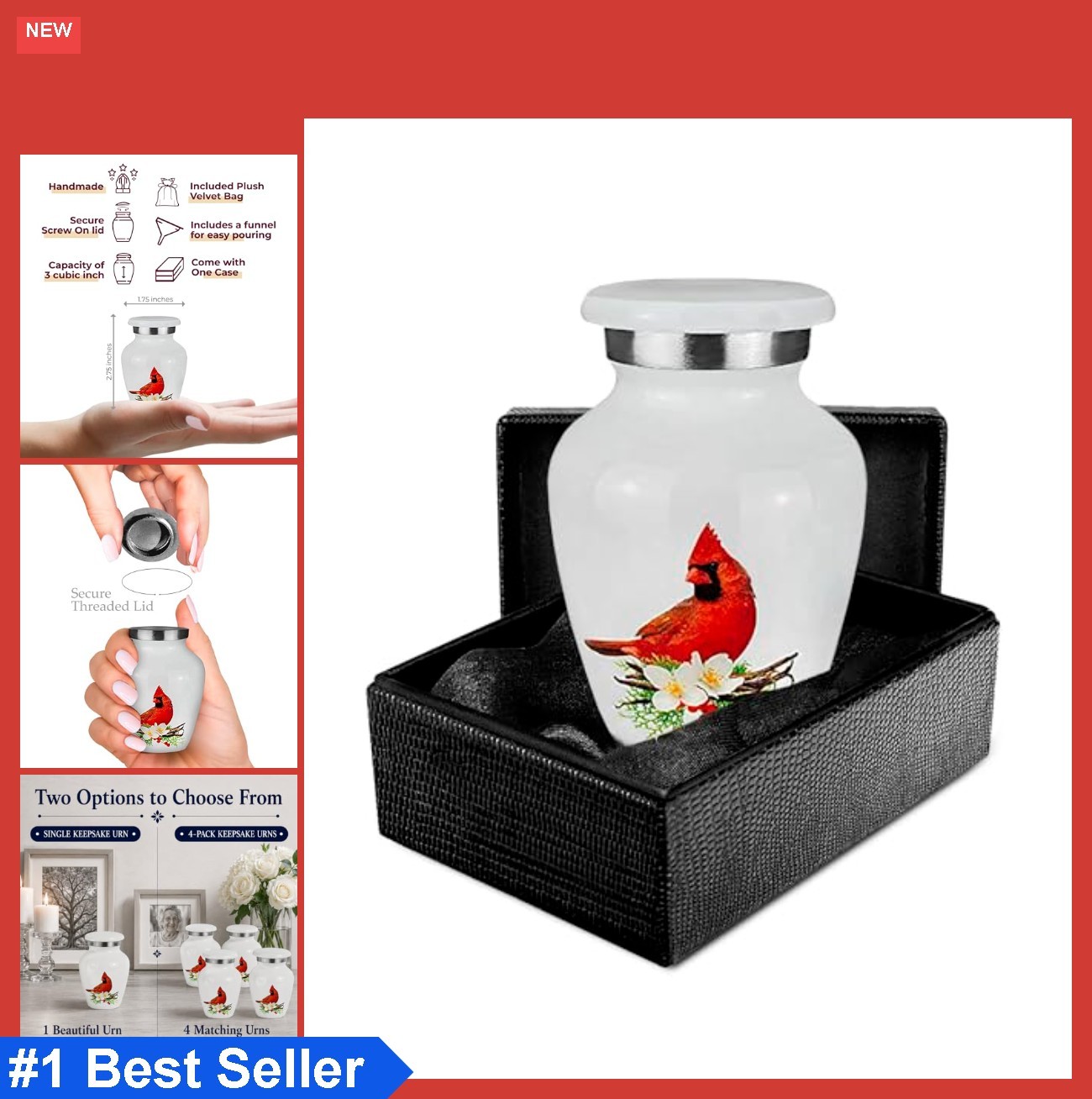 Mini Cremation Urns for Ashes Adult Set of 4 Brass Polished Red Cardinal