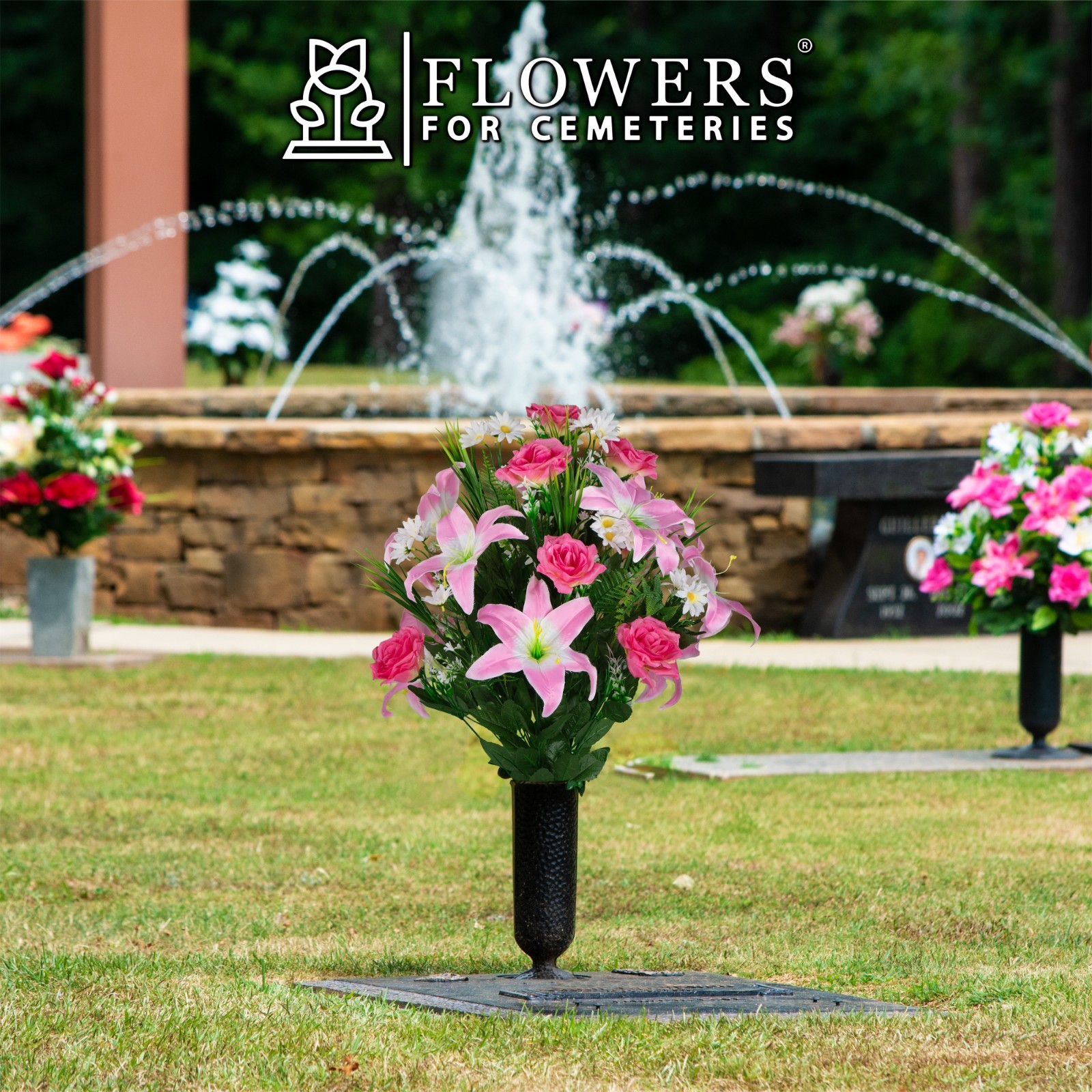 Artificial Cemetery Flowers – Pink Lily and Rose with White Daisies and Vase