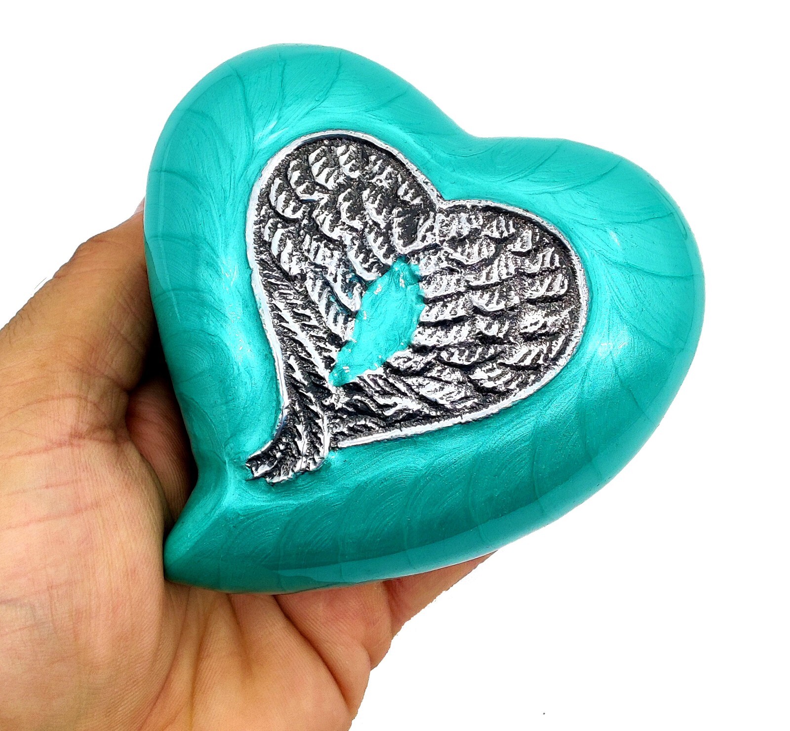 Sea Green Heart Cremation Urn for Human Ashes Adult | Decorative Angel Wings