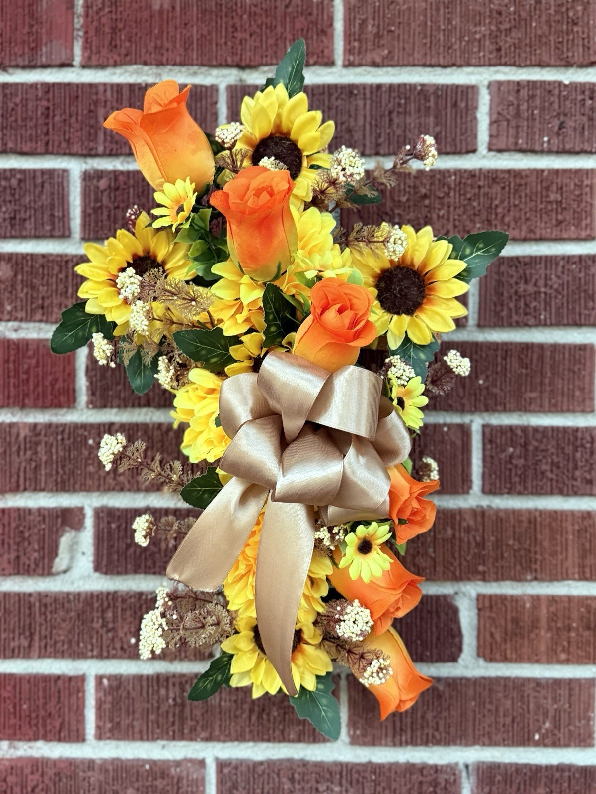 Cemetery Memorial Cross Silk Flower Arrangement Yellow & Orange