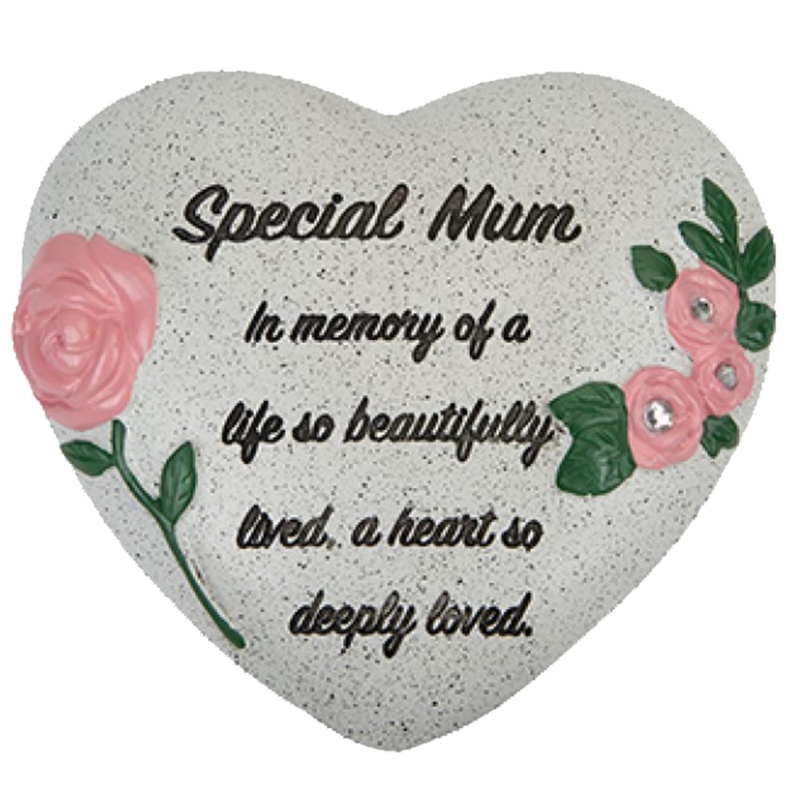 Memorial Heart Plaque with Flower Diamantes and Wording Polyresin – Special Mum