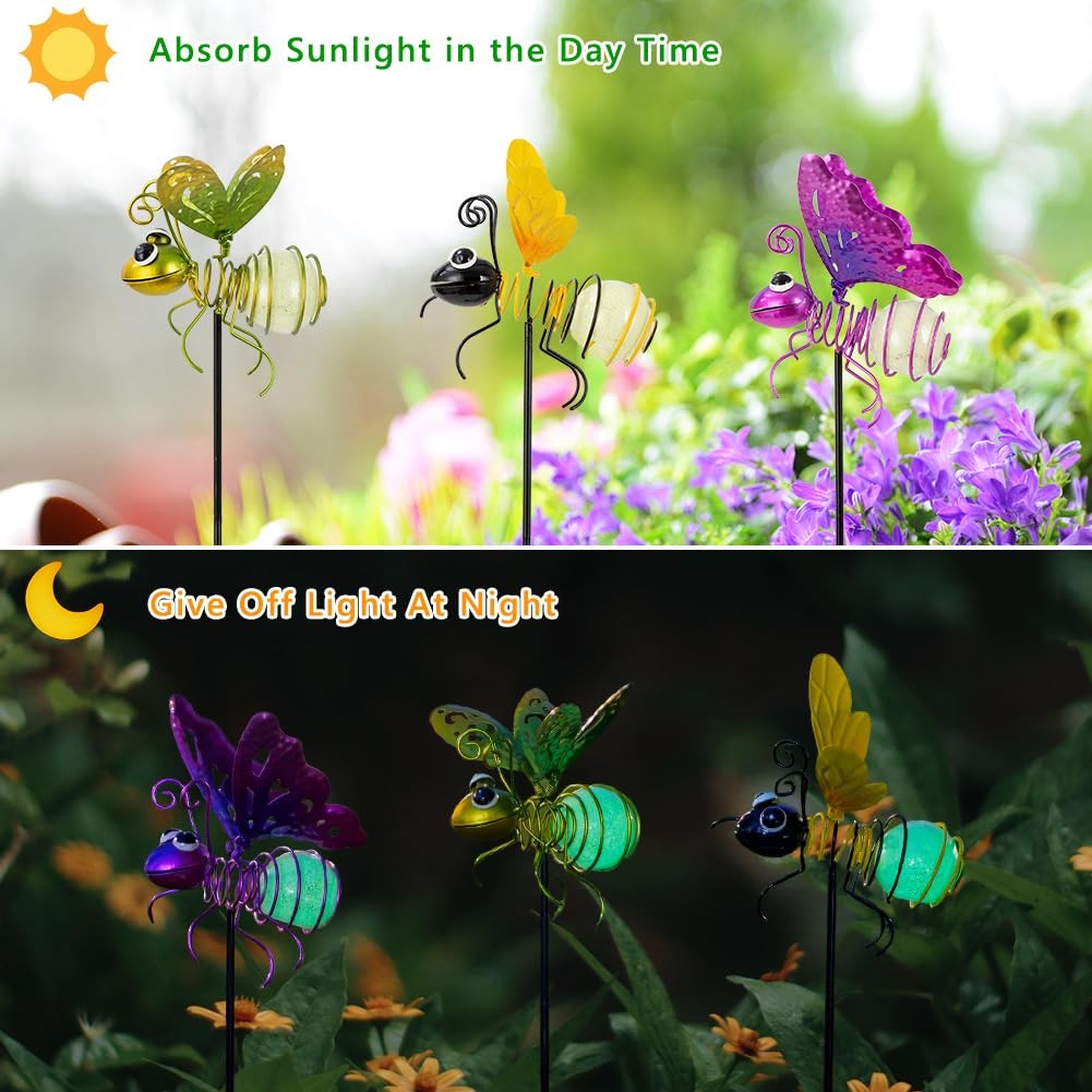 3 Pcs Luminous Bee Garden Stakes – Glow Dark Metal Yard Art Decor Gifts for Mom