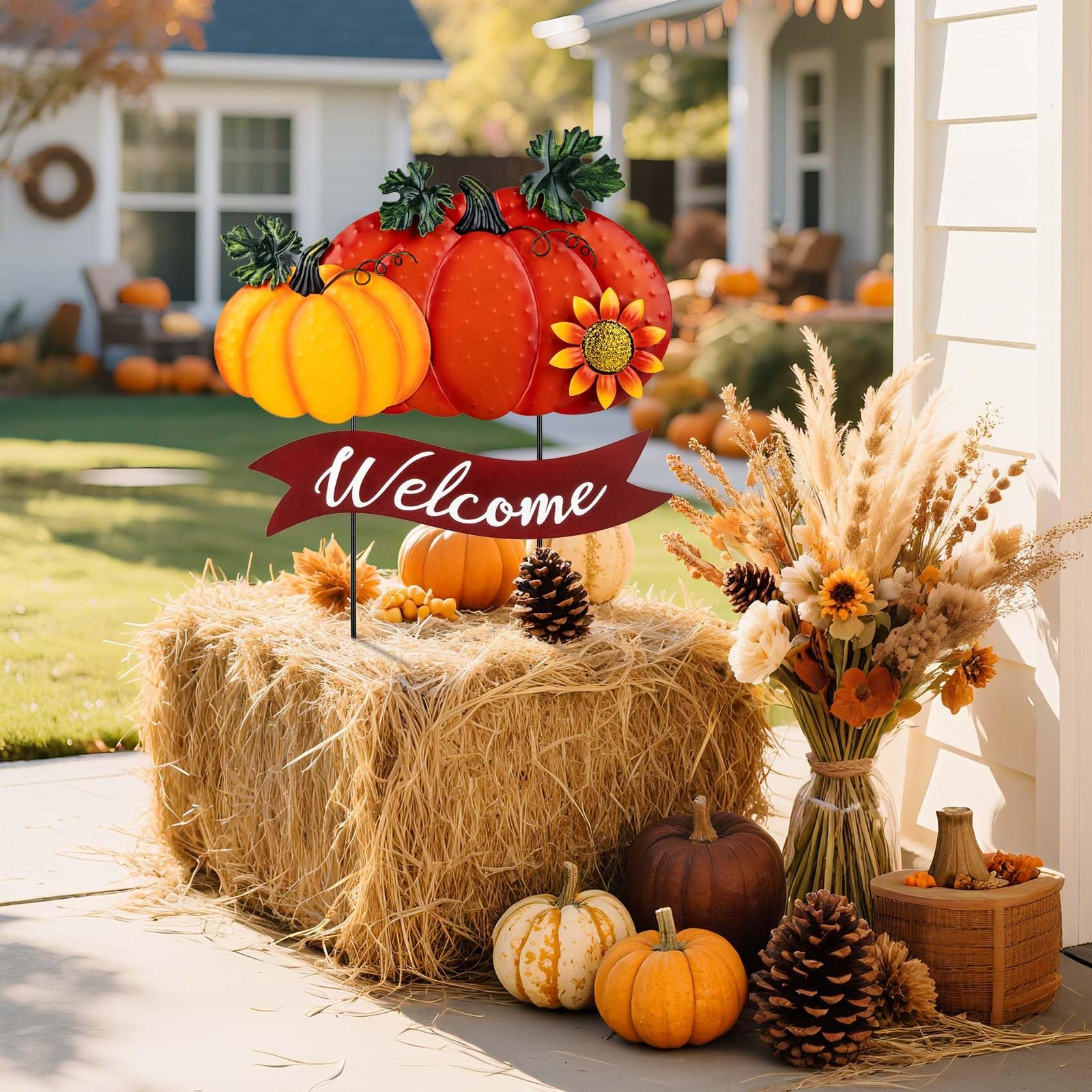 Fall Decorations for Home Outdoor – 21.2″ Metal Pumpkin Yard Stakes with 2-Pu…