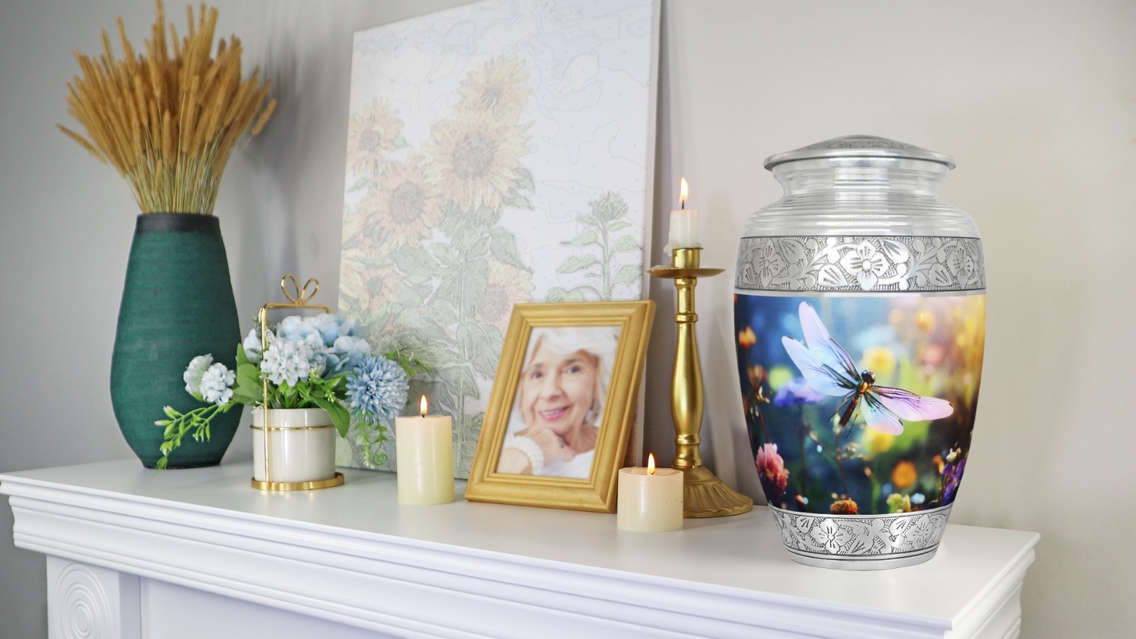 Large Decorative Cremation Urn for Adult Ashes – Floral Dragonfly Design, Burial