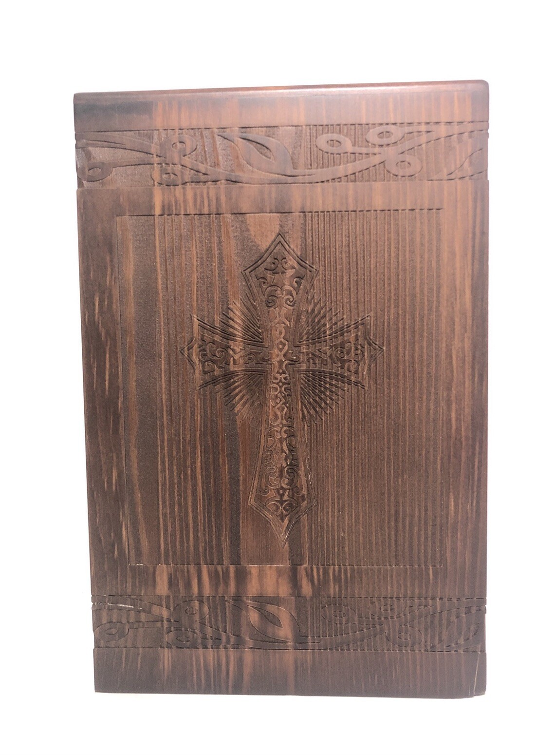 Wood Cremation Urn-222lb Limit, Walnut Stained Pine Wood- Etched Cross Design.