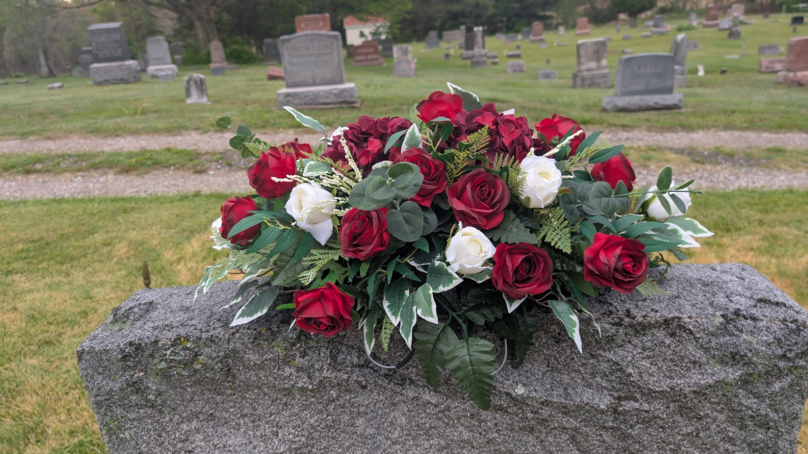 Red and white Sweetheart Roses headstone saddle-Memorial day Grave Saddle