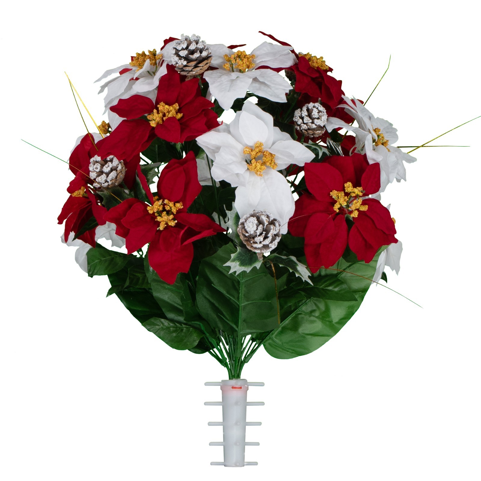 Artificial Flowers for Cemetery – Red and White Poinsettias & Frosted Pinecones