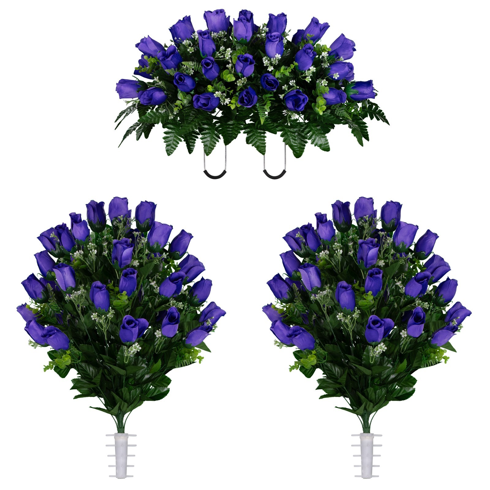 Artificial Cemetery Flowers – Purple Rose Saddle & 2 Matching Bouquets