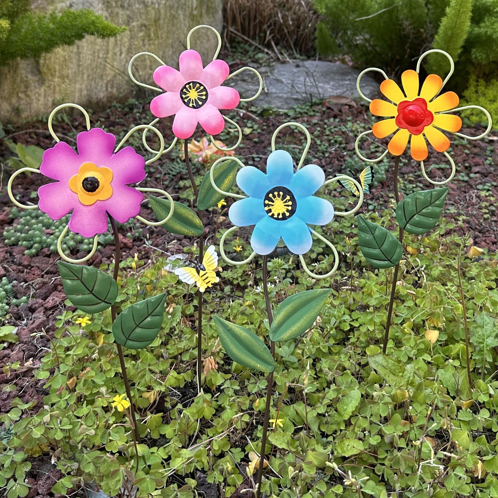 Metal Flowers for Outside, 15.85″ 4-Pack Decorative Garden Stakes for Spring …