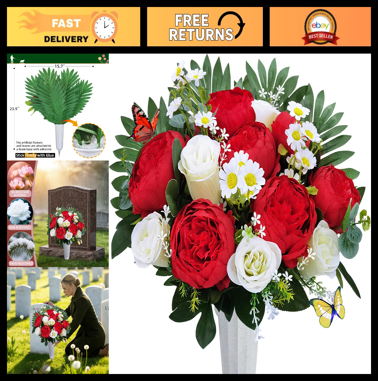 Cemetery Artificial Flowers with Vase – Memorial Bouquet, Weather Resistant Red