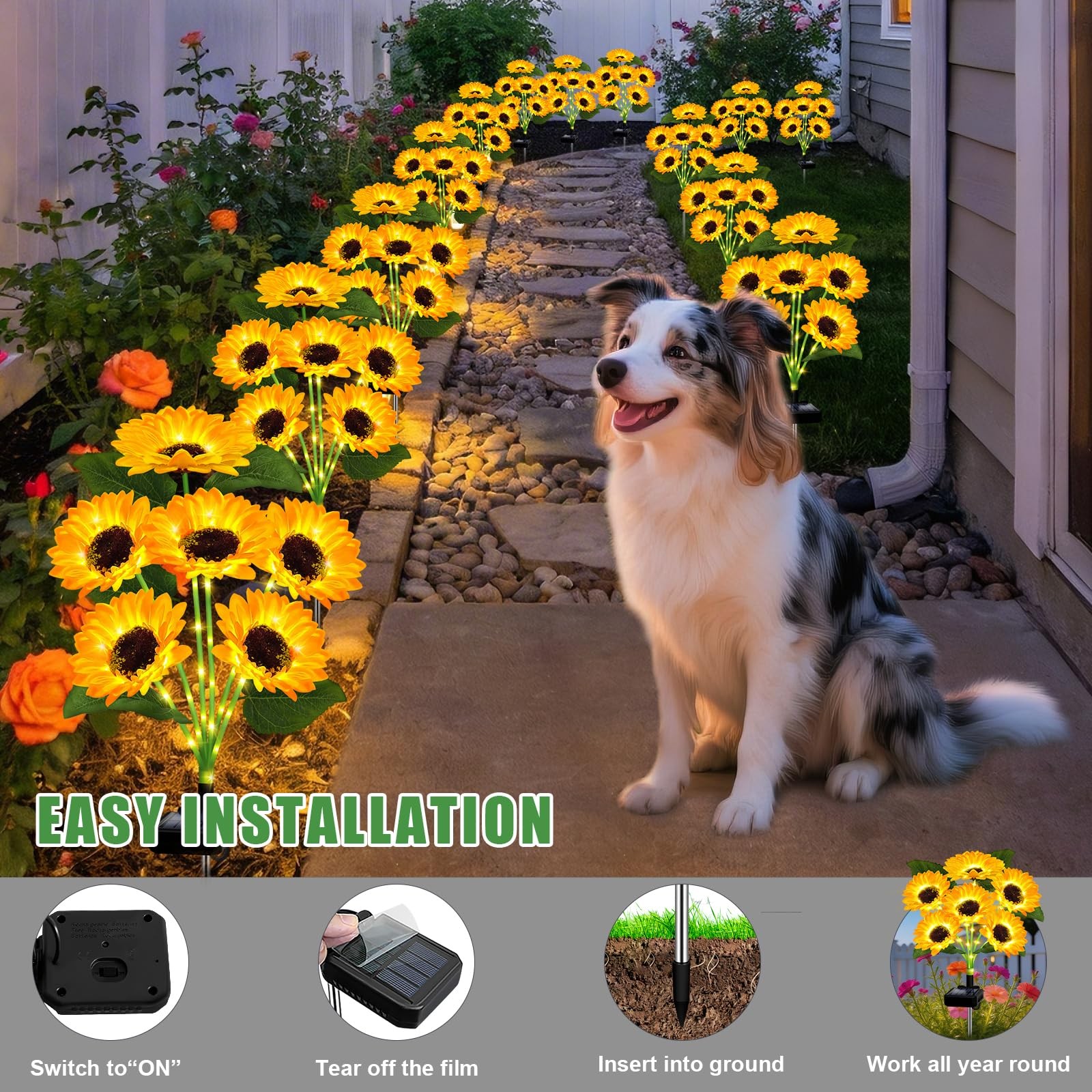 Solar Lights Outdoor Garden Decor,4 Pack with 24 Sunflower Lights,Solar Flowe…