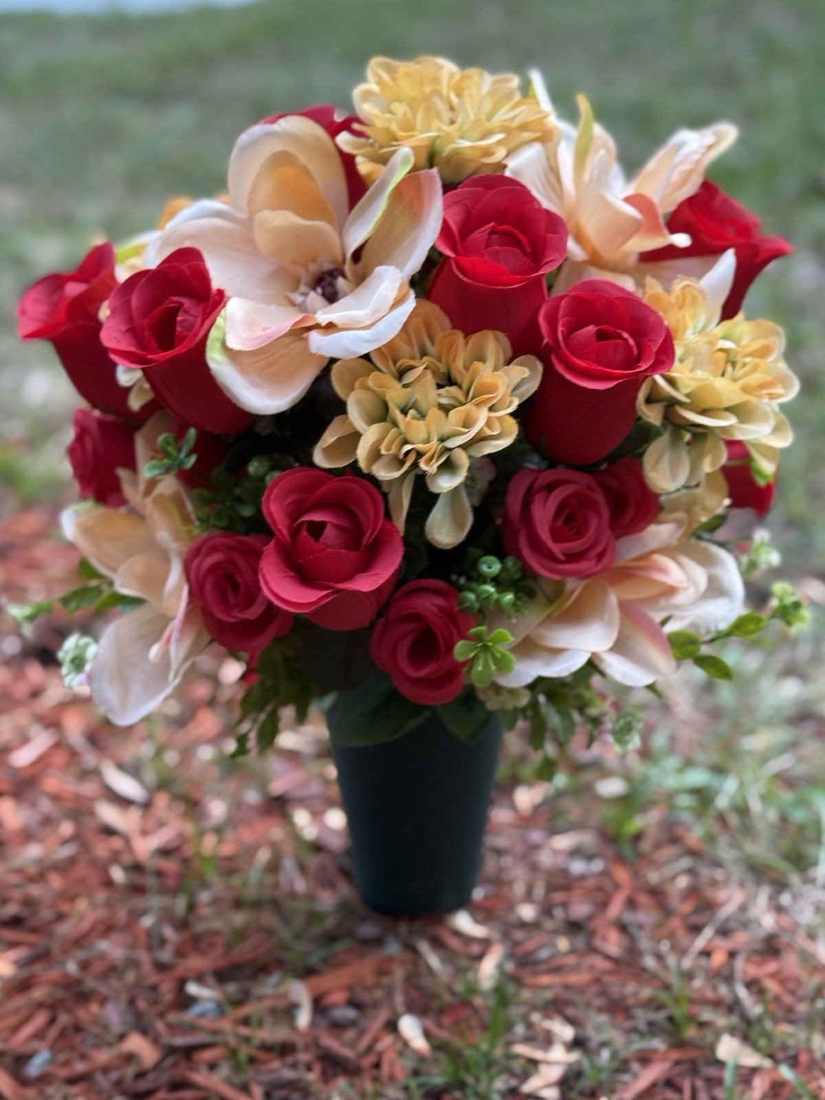 Cemetery Vase Memorial Silk Flower Arrangement Red, Yellow & Cream