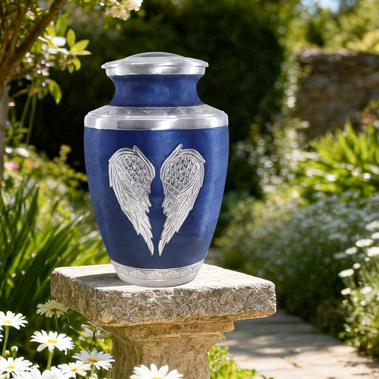 Elegant Silver Angel Wings Urn for Adult Ashes – Dark Blue & Silver Large