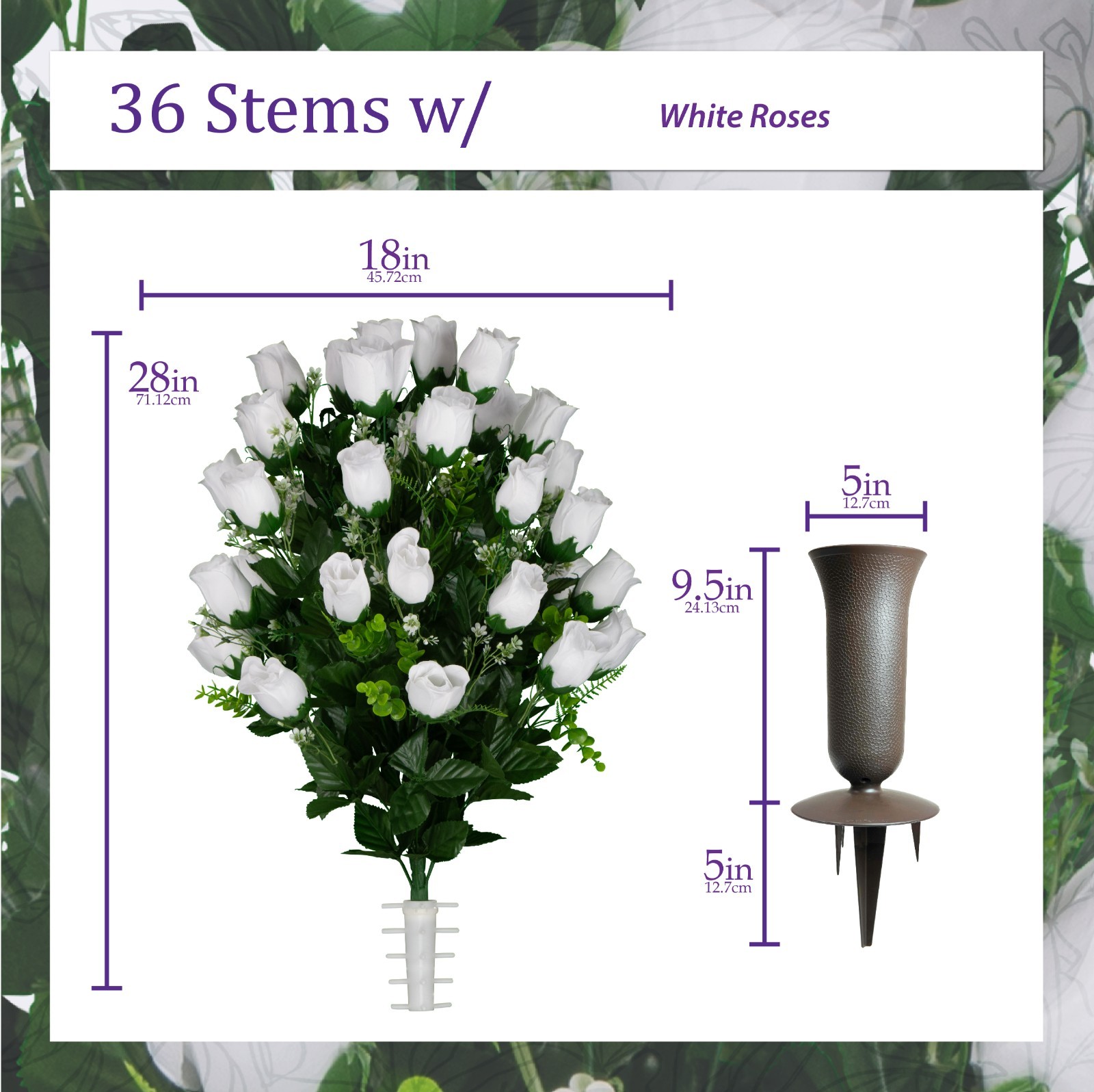 Artificial Cemetery Flowers -White Rose Saddle, 2 Bouquets & 2 Vases