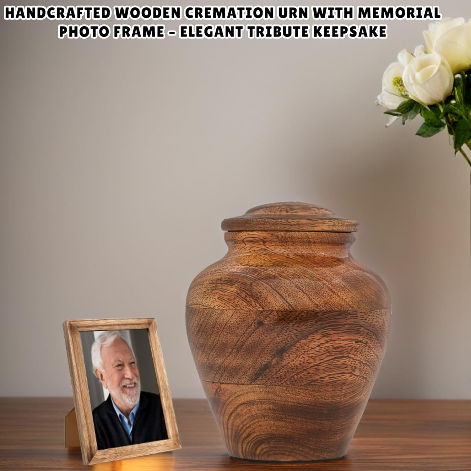 Wooden Cremation Urns for Human Ashes with Photo Frame, Mango Wood Memorial Urn