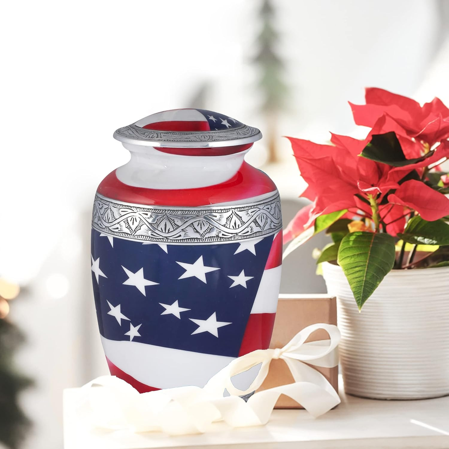 American Flag Hand Engraved Cremation Urn for Adult Human Ashes, Veterans, First