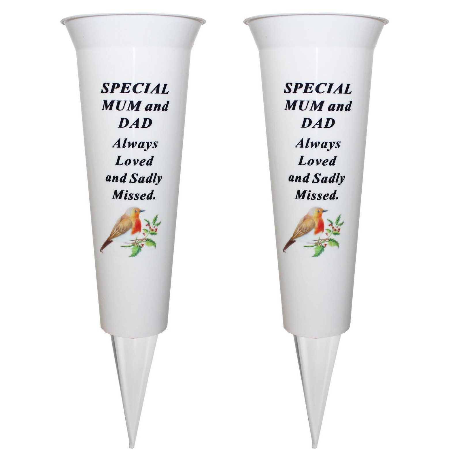 Set of 2 Memorial Graveside Flower Vases with Spike Robin Image – Mum and Dad