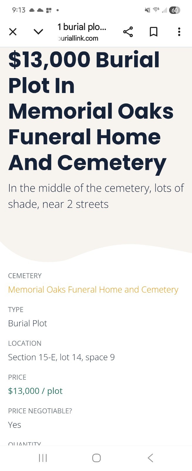 Houston, Texas Memorial Oaks Cemetery Burial Plot Section 15-E Lot 14 Space 9