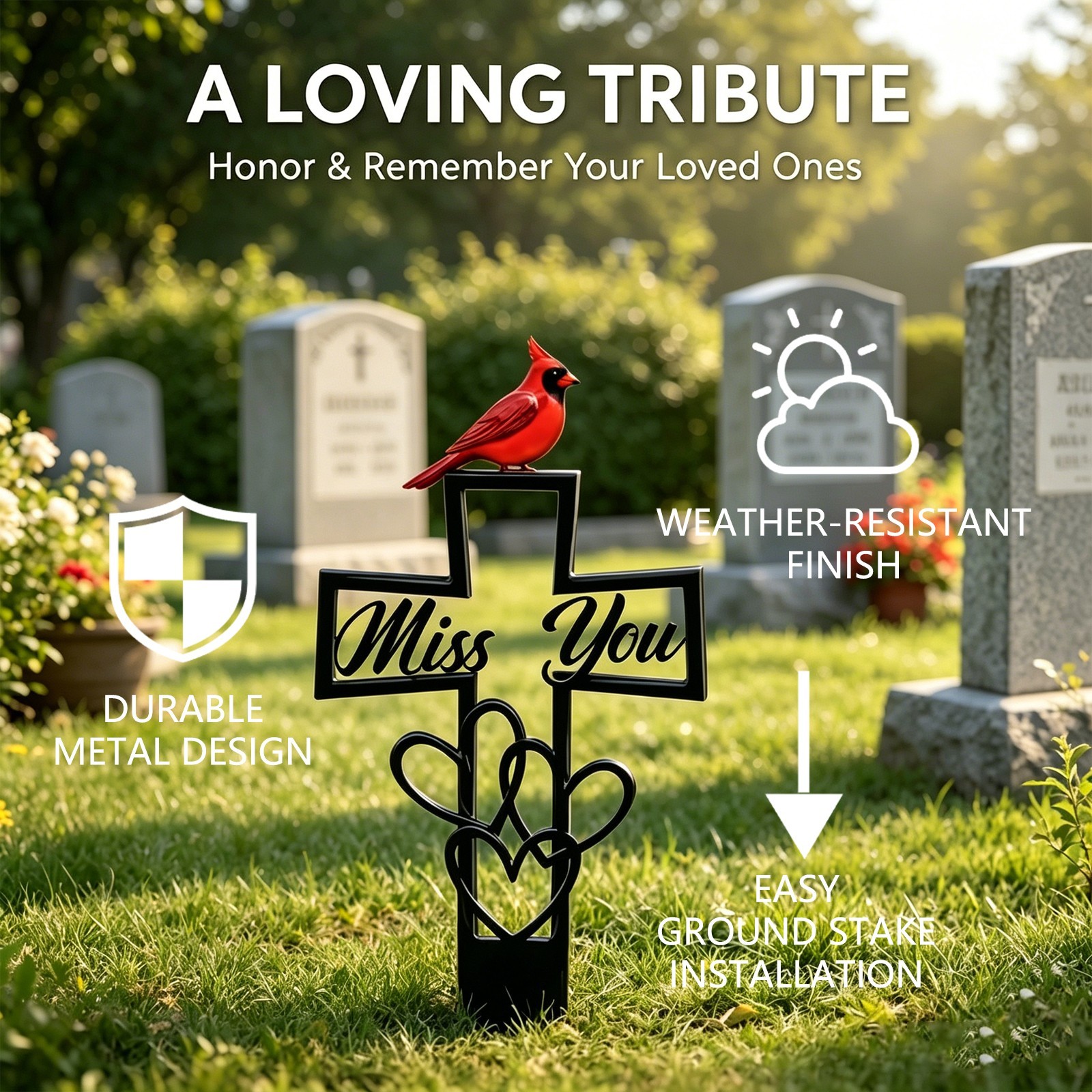 Memorial Cardinal Plaque Stake, Cross Garden Cemetery Remembrance Grave Decor