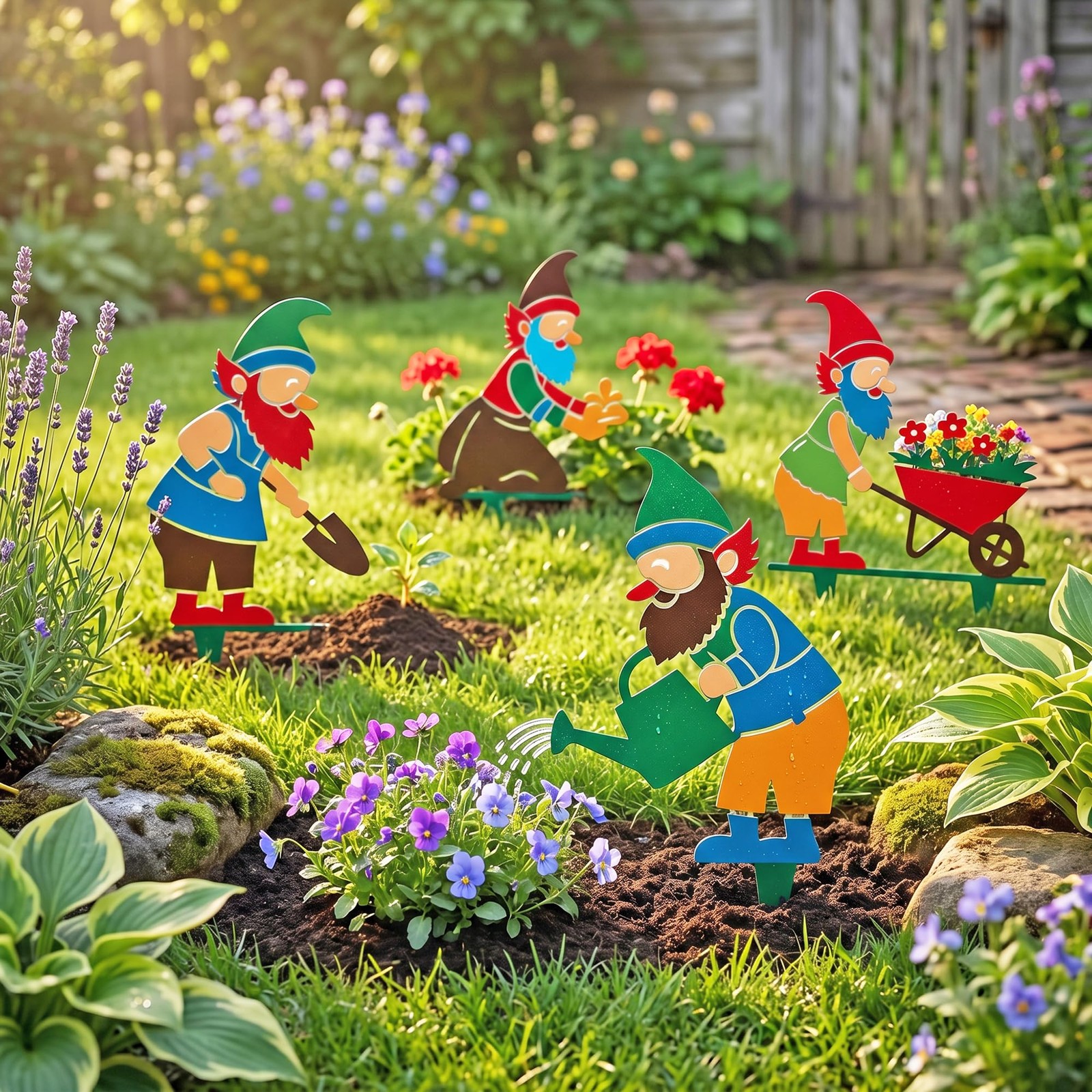GyovinnJuwanua Funny Metal Gnome Garden Stakes – 4Pcs Colorful Printed Lawn D…