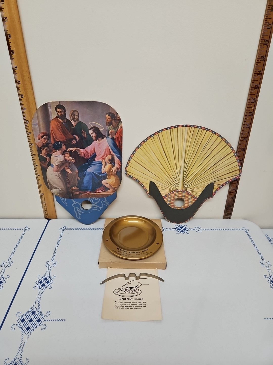 FUNERAL HOME Advertising ASHTRAY-N.O.S And 2~Two Kool Hand PAPER FANS Exc. Cond.