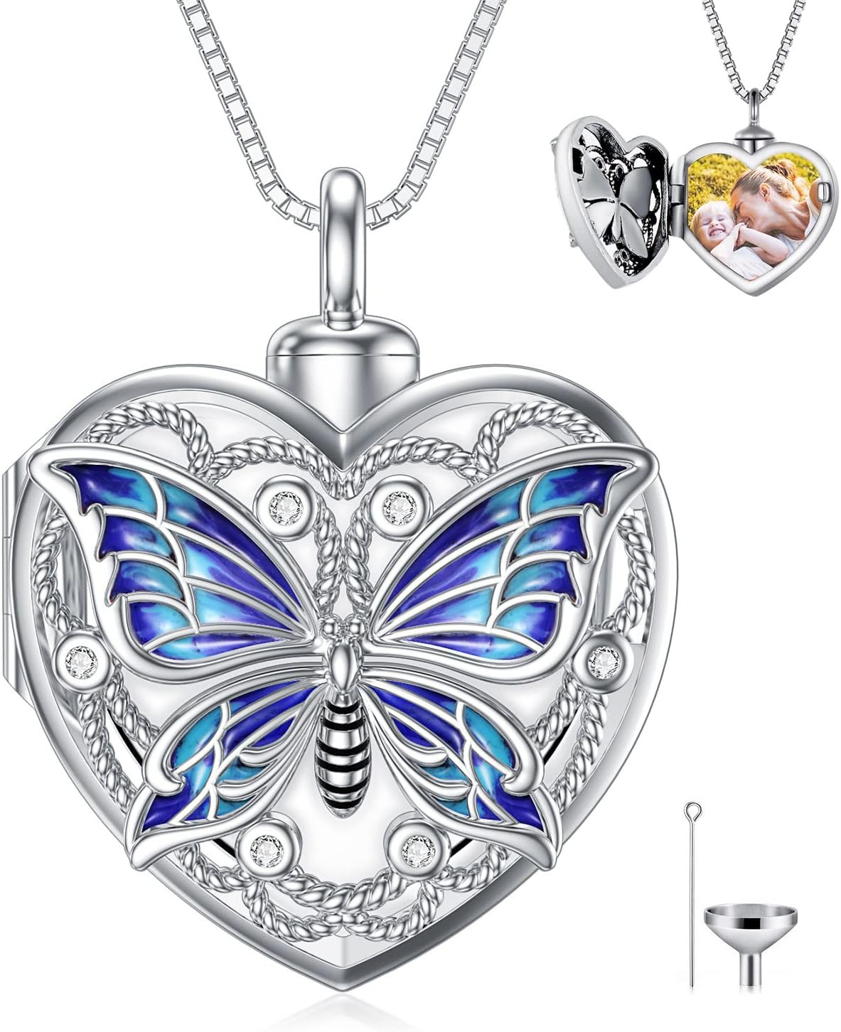 Butterfly Locket Photo Urn Necklace for Ashes Cremation Jewelry Sterling Silver
