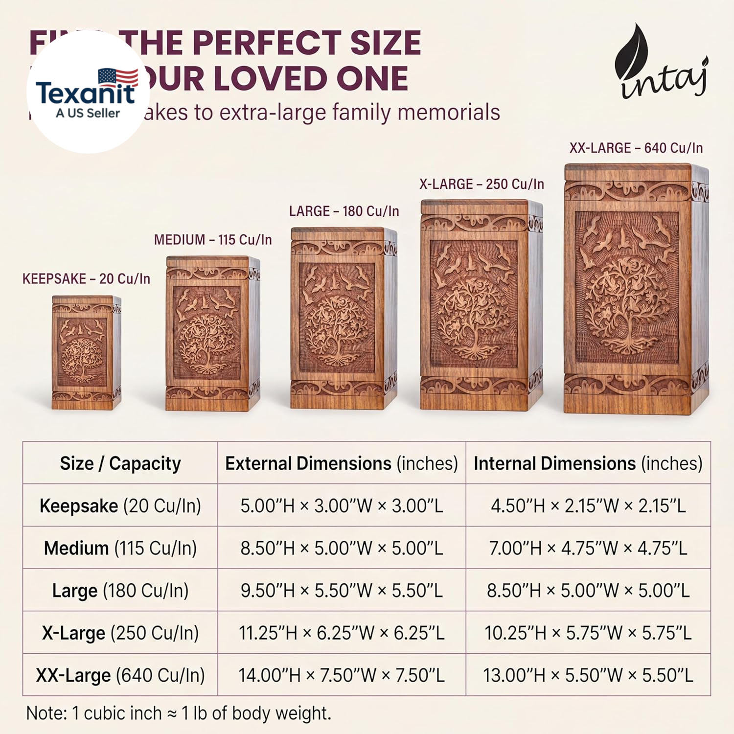 Handcarved Wooden Cremation Urn for Human Ashes – Tree of Life Design, 250 Lbs C