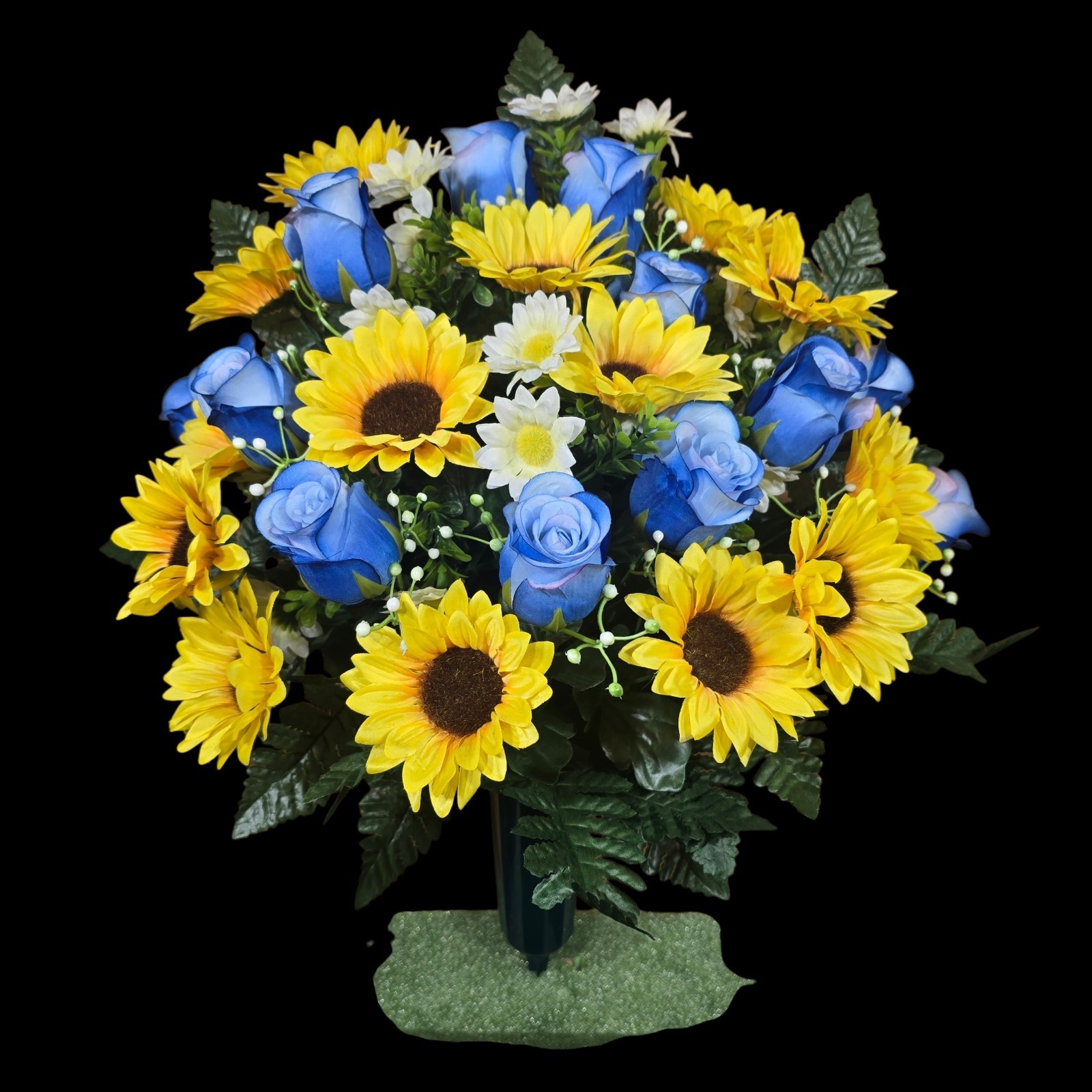 SUNFLOWER CEMETERY VASE MEMORIAL DECORATION WITH BLUE ROSEBUDS AND SUNFLOWERS
