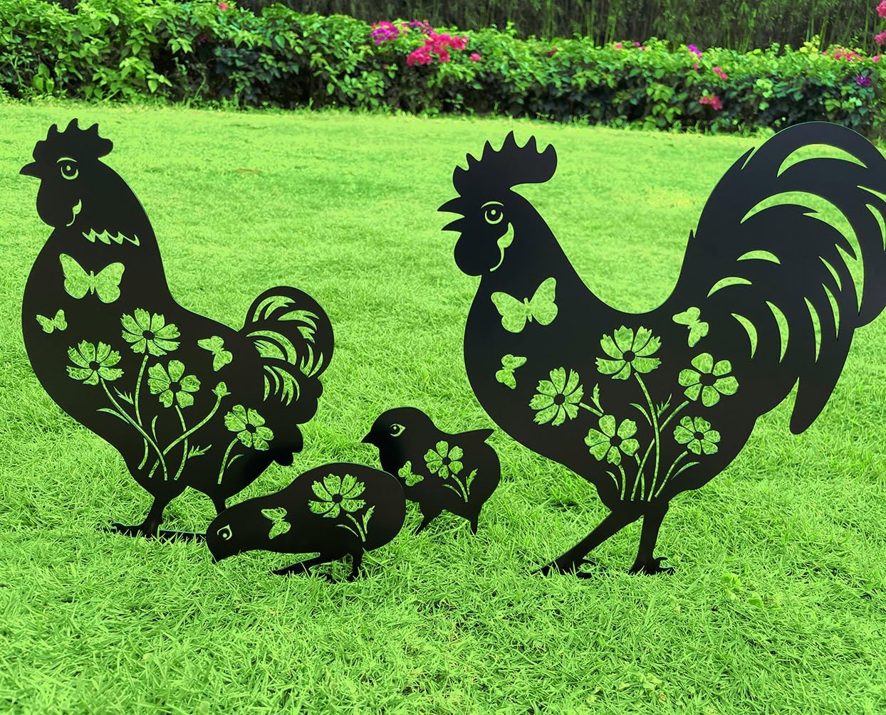 Metal Chicken Garden Decor – 4 Pcs Yard Art Stakes for Outdoor Lovers