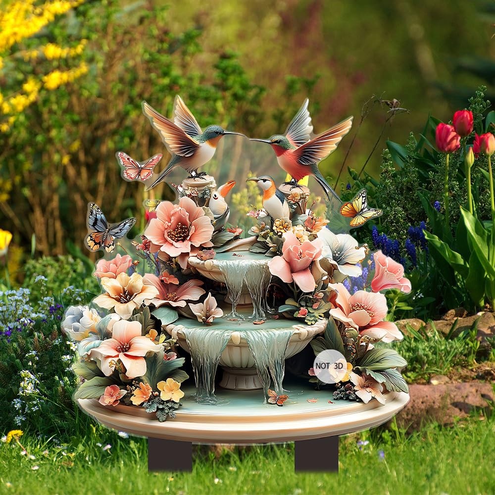 Hummingbird Flowing Water Garden Stake Decor, Butterfly Acrylic 2D Garden Dec…