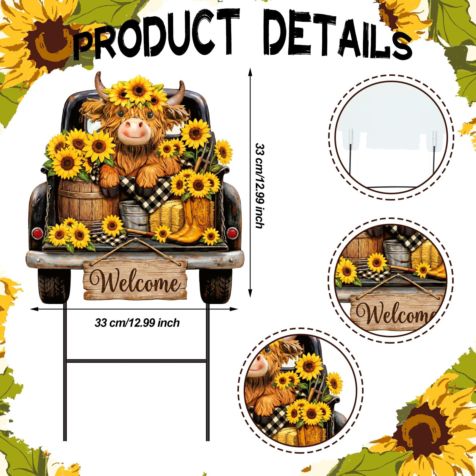Sunflower Highland Cow Metal Garden Stakes Sunflowers Summer Outdoor Yard Dec…