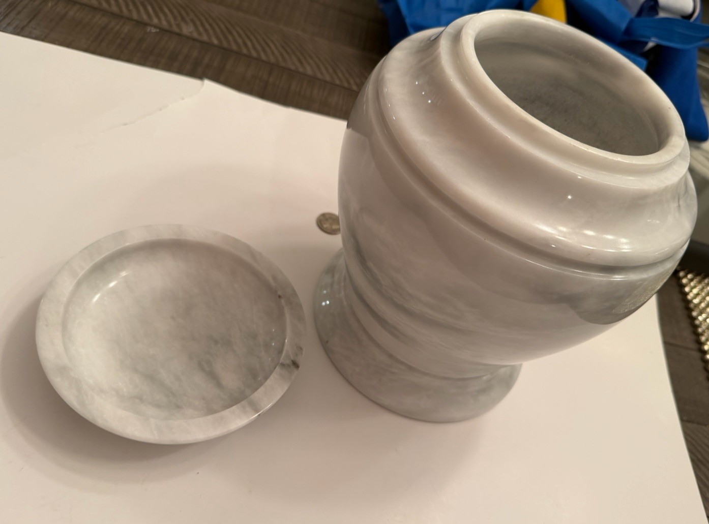 White Imperial Marble Urn With Lid Handcrafted Single Block Gray Streaks Heavy!