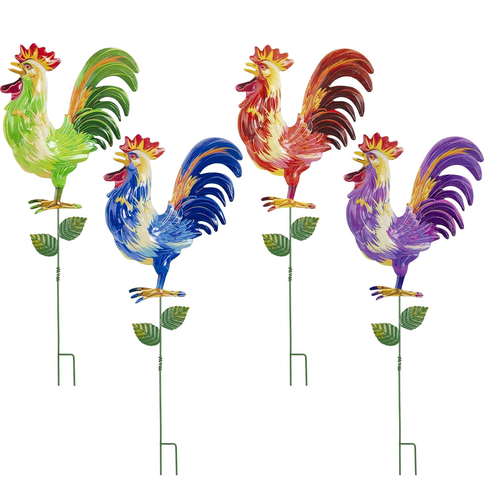 Outdoor Metal Garden Stakes 18 Inch Weatherproof Rooster Yard Art, 4 Pack