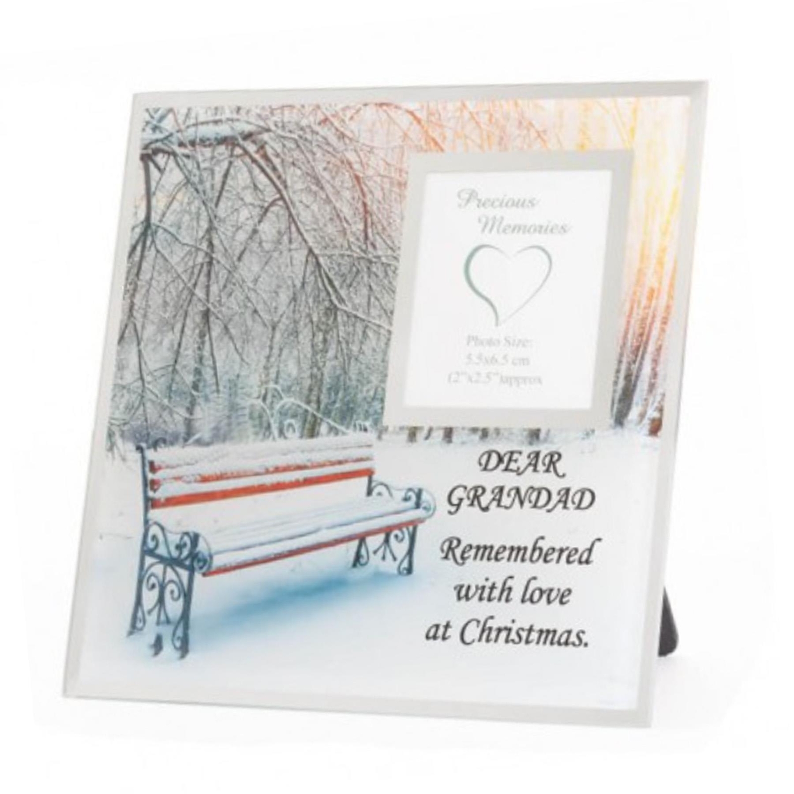 Memorial Glass Photo Frame Christmas Snowy Bench with Wording – Grandad