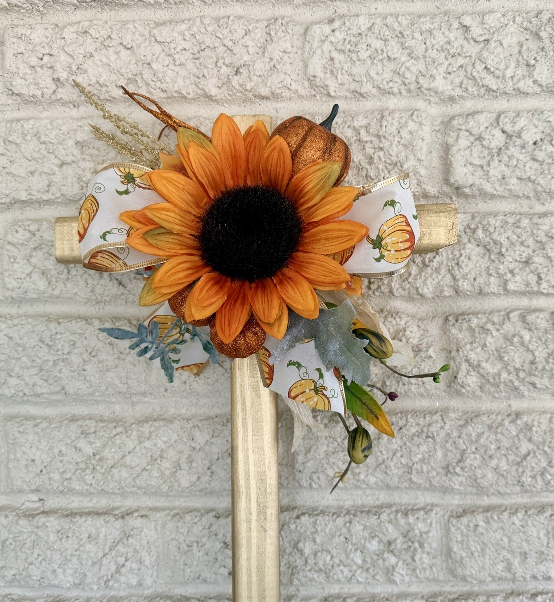 Fall Cemetery Cross Decoration, Autumn Floral Memorial Grave Arrangement 24