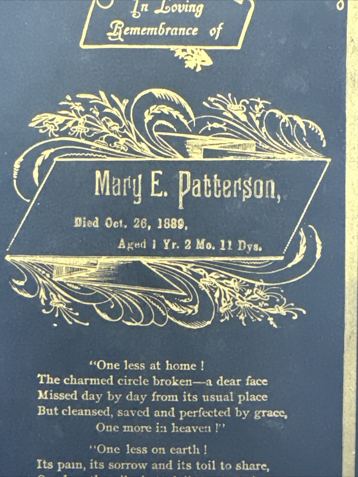 1889 Springfield, Ohio Funeral Card Mary E. Patterson ONE YEAR OLD