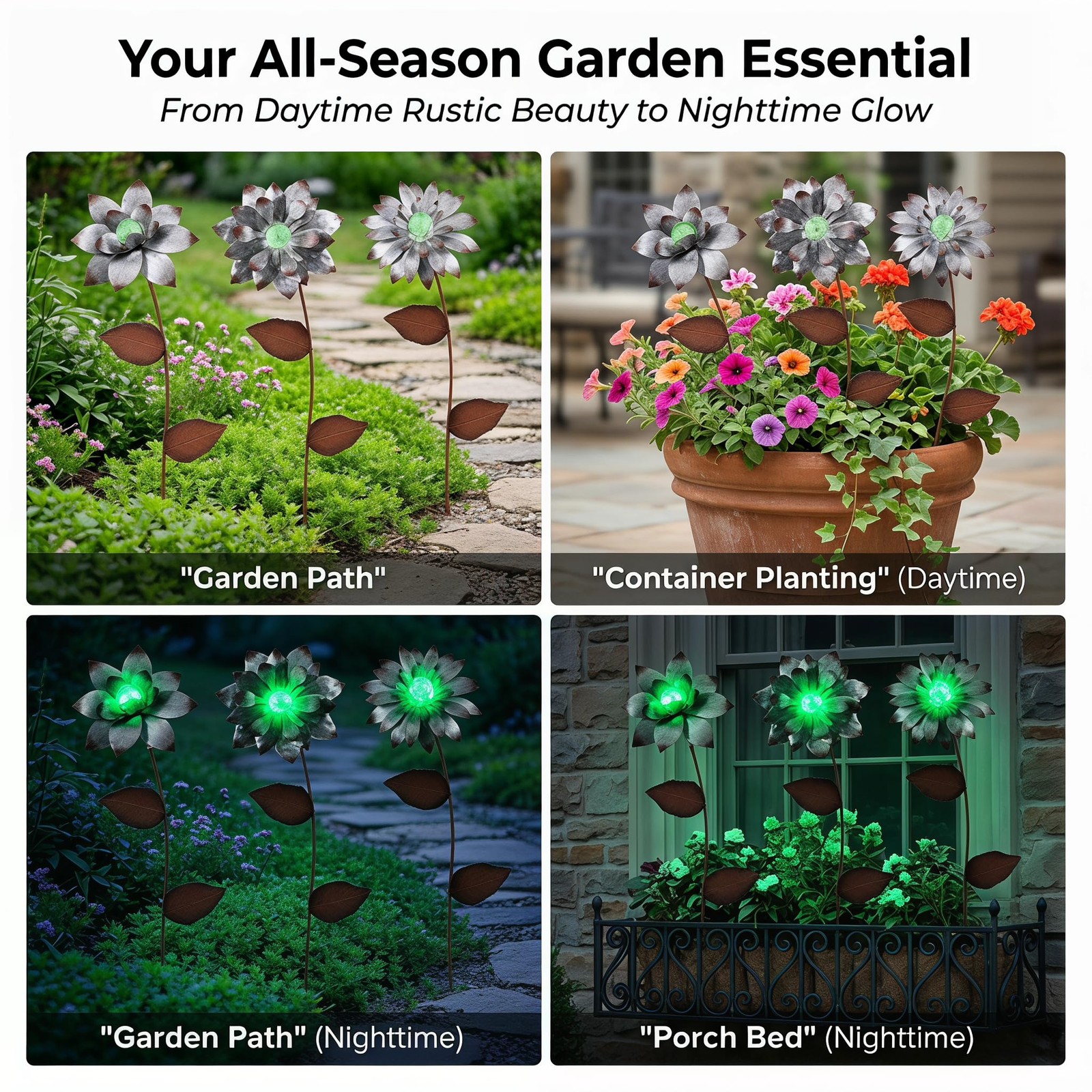 Metal Flower Garden Stakes Set of 3, Glow in The Dark Outdoor Garden Decor, D…
