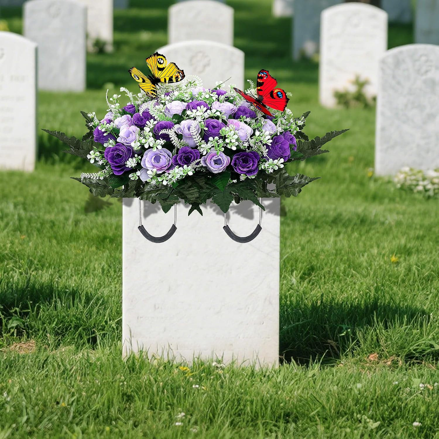 Artificial Cemetery Flowers for Grave,Large Headstone Flower Saddle Realistic
