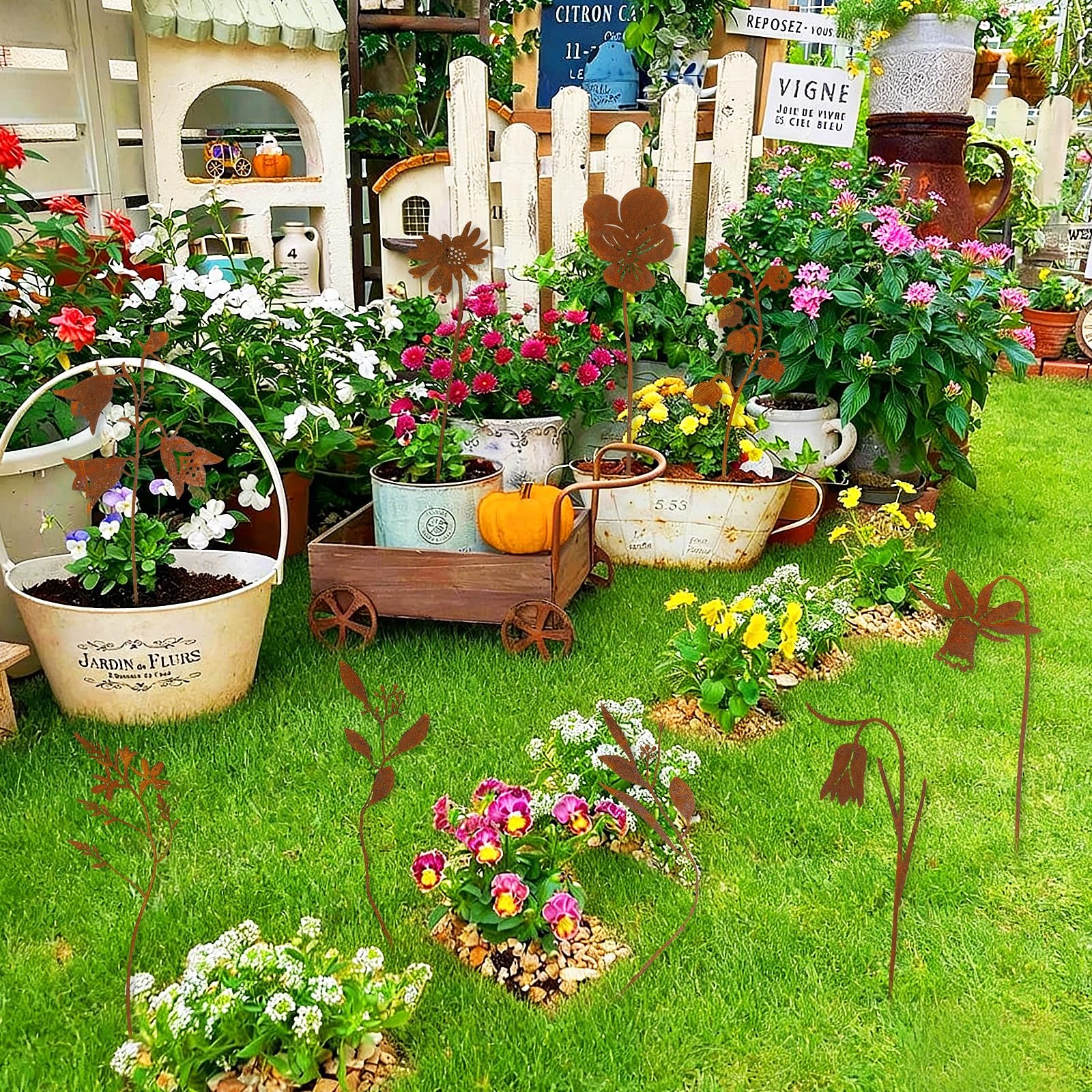 RumonZS 9 Pcs Rusty Metal Flowers Rustic Spring Plants Rusty Metal Garden Sta