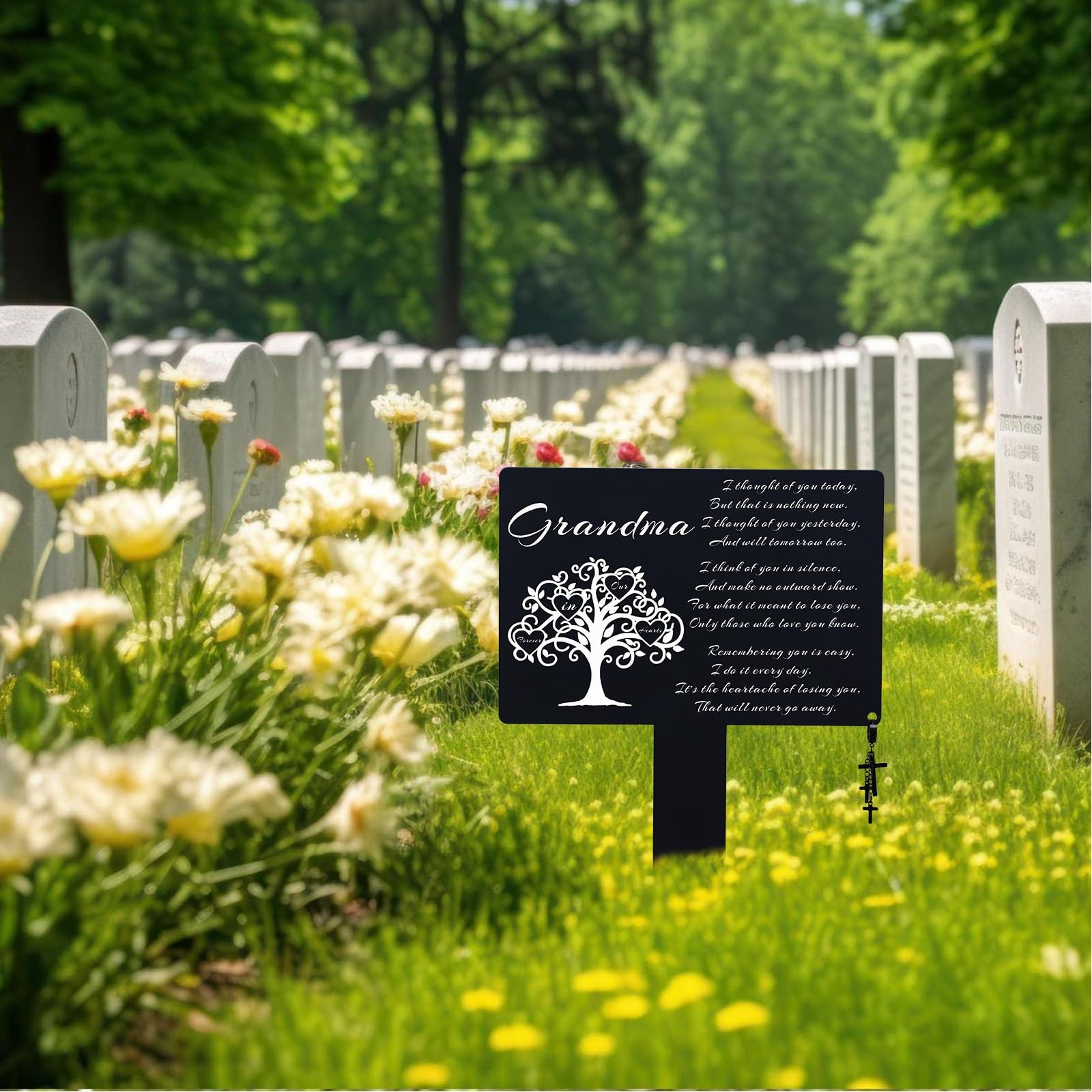 Waterproof Cemetery Grave Decorations, Memorial Plaque with Cross Charm