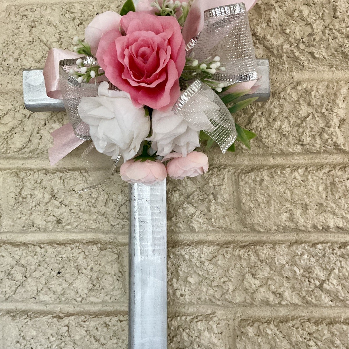 Cemetery flowers, cemetery decoration, memorial flowers for a female, cross memo
