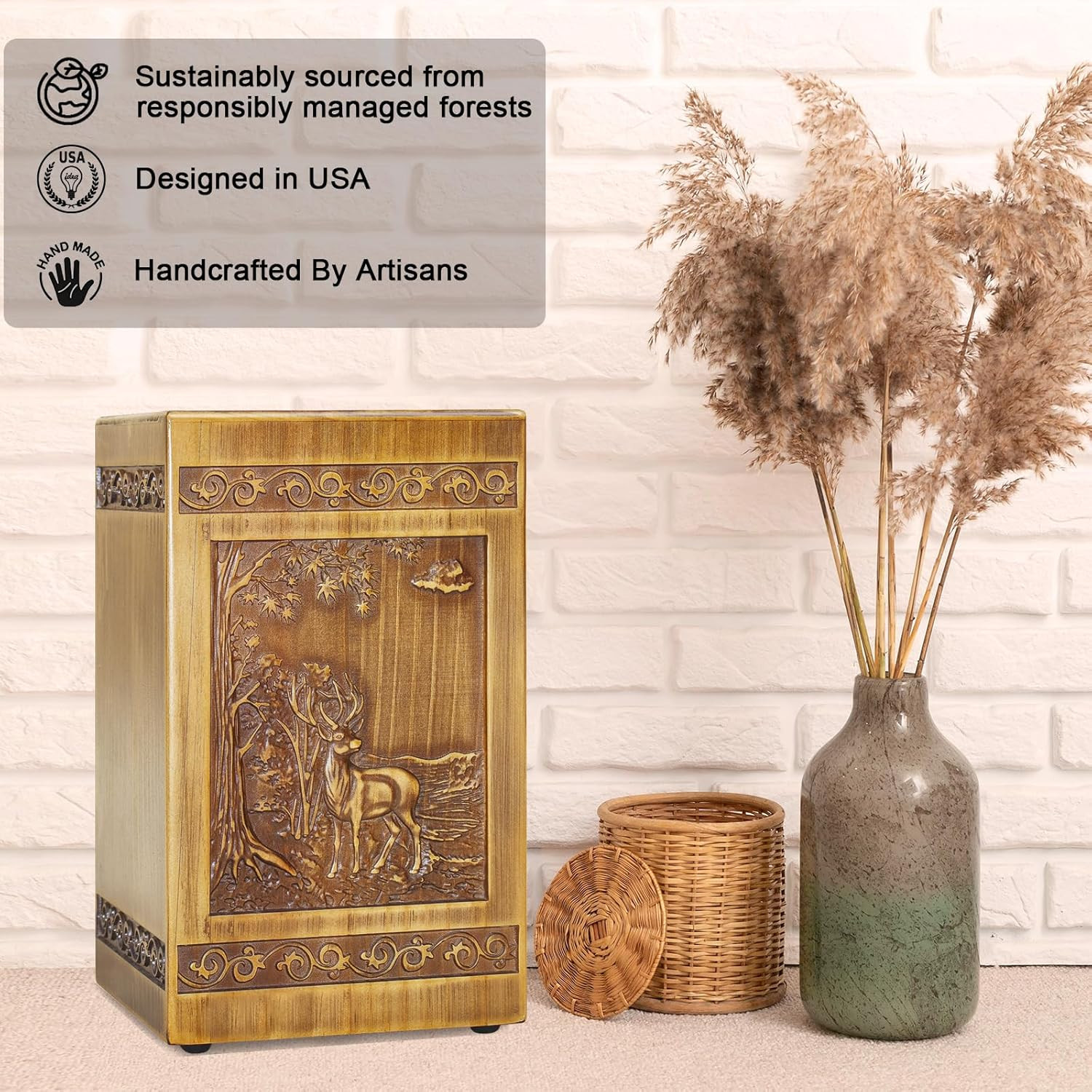 Wooden Cremation Urns for Human Ashes Adult Male Female Deer Carving Handmade Wo