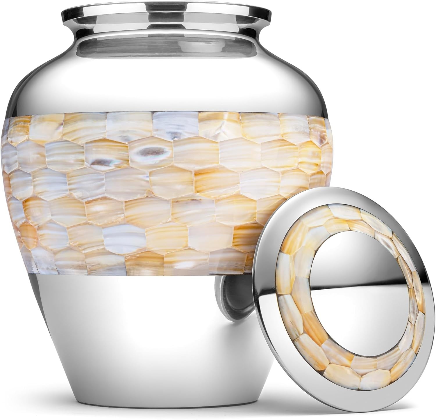 Stunning Brass Cremation Urn with Mother of Pearl Inlay – 9 Inch Size for Adults