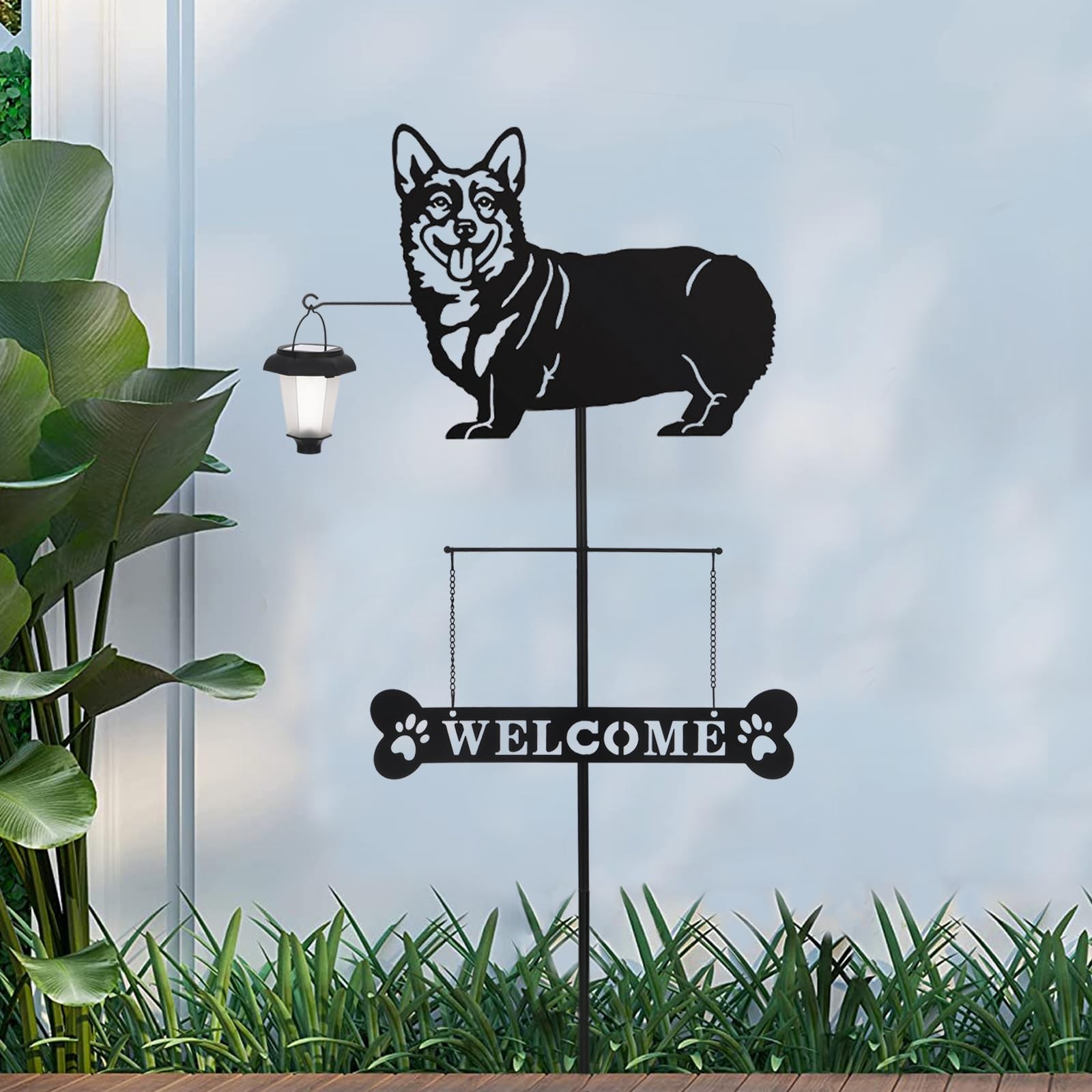 Solar Corgi Silhouette Dog Breed Welcome Sign with a Lantern