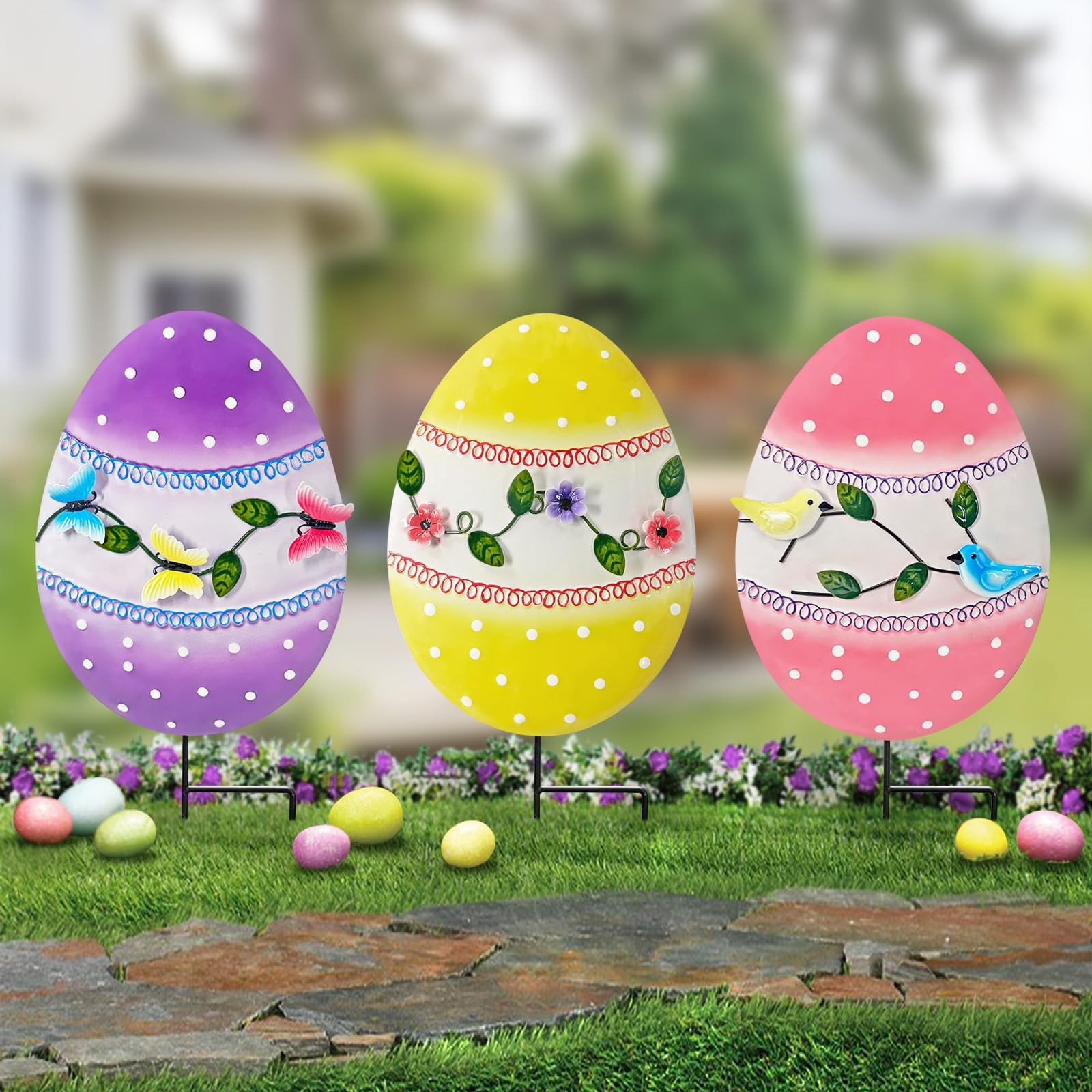 Easter Egg Yard Stakes 3 Pack Metal Decorations for Outdoor Lawn & Garden