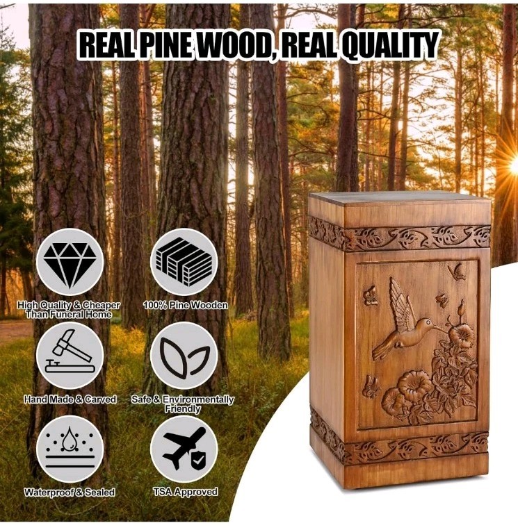 Handcarved Hummingbird Urn For Human Or Pet Ashes Natural Pine Wood, 250lb Human